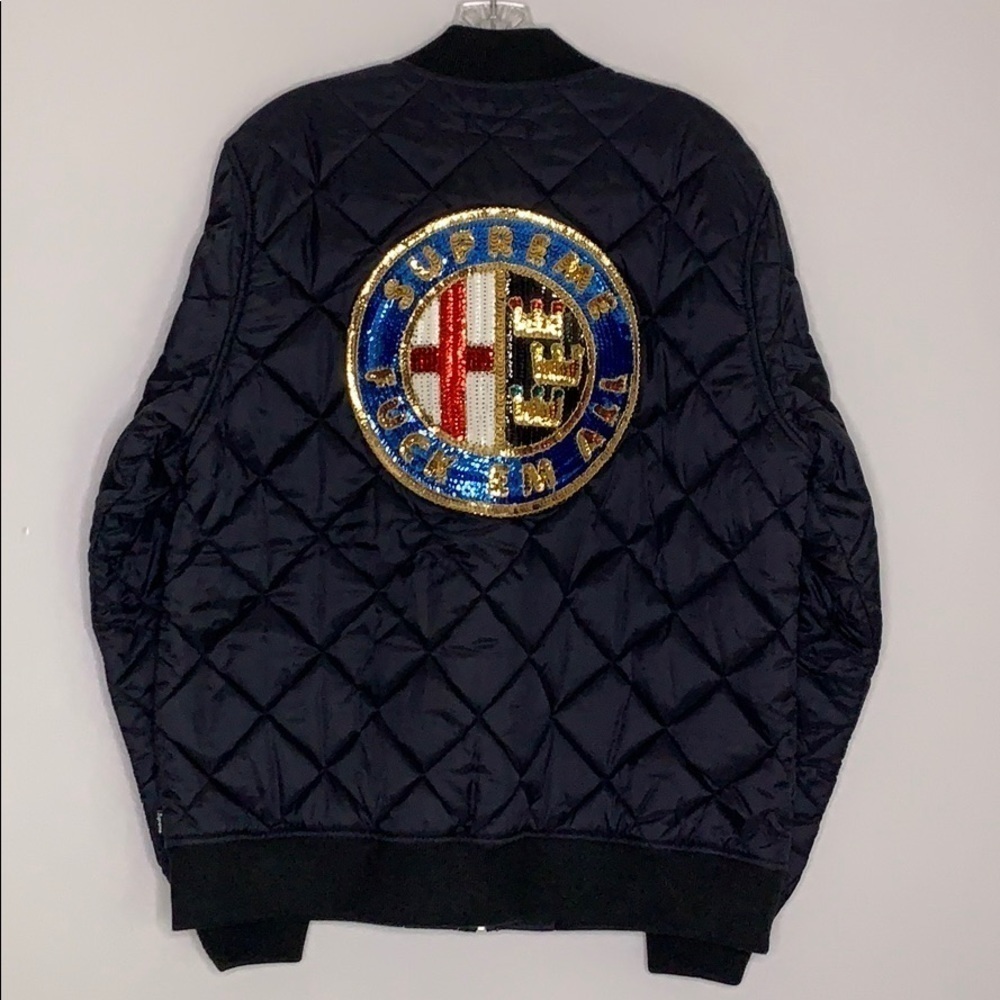 SUPREME Sequin Patch Quilted Bomber Jacket black men large f em all EUC